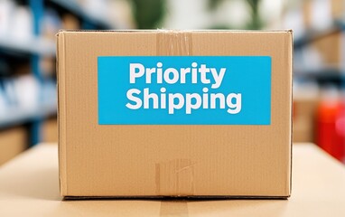 Cardboard Box with Blue Priority Shipping Label in Warehouse Setting