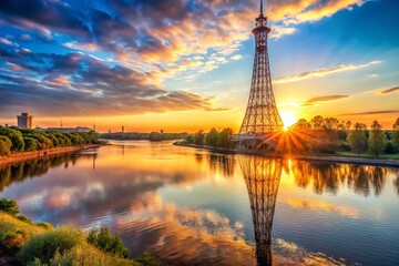 Obraz premium Shukhov Tower Oka River Sunrise - Panoramic High-Resolution Stock Photo