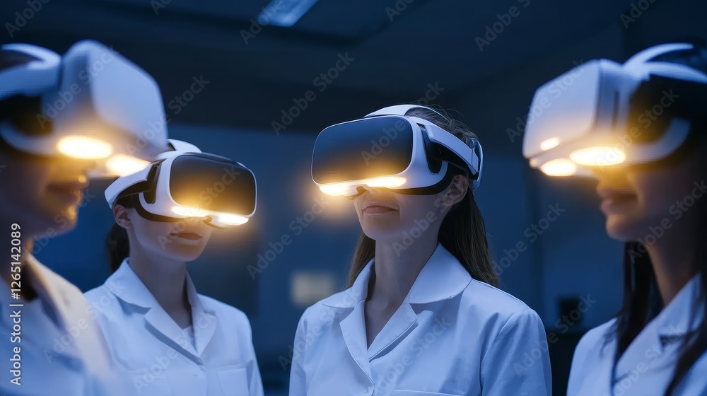 Poster group of scientists wearing virtual reality headsets in a dark lab, exploring digital environments