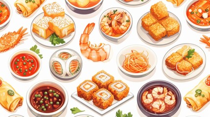 Hand-drawn rough pattern of popular Thai dishes like beef salad, Pad See Ew, and coconut ice cream. Vector isolated on white background for restaurant banners