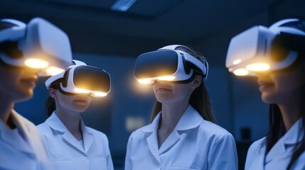 Group of scientists wearing virtual reality headsets in a dark lab, exploring digital environments