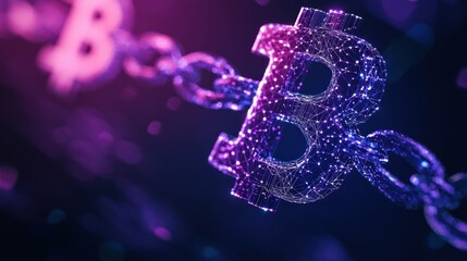 Blockchain technology futuristic hud ultraviolet background with blockchain polygon peer to peer network. Global cryptocurrency block chain business banner concept on violet background.