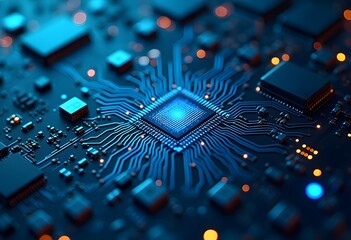 3D Render: Dark Theme Visualization of Circuit Board CPU Processor Starting Digitalization Process and Information Computing, Processing Bits of Data. Computer Graphics, Special Effects, Image.
