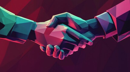 Two hands handshake polygonal low poly hud illustration. Smart contract agreement, blockchain and cryptocurrency, business network concept.