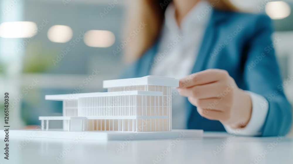 Poster professional architect assembling a detailed architectural model in a modern office setting