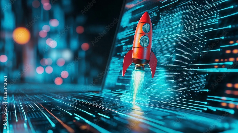 Poster a captivating image showing a stylized rocket launching from a high-tech surface, symbolizing advanc
