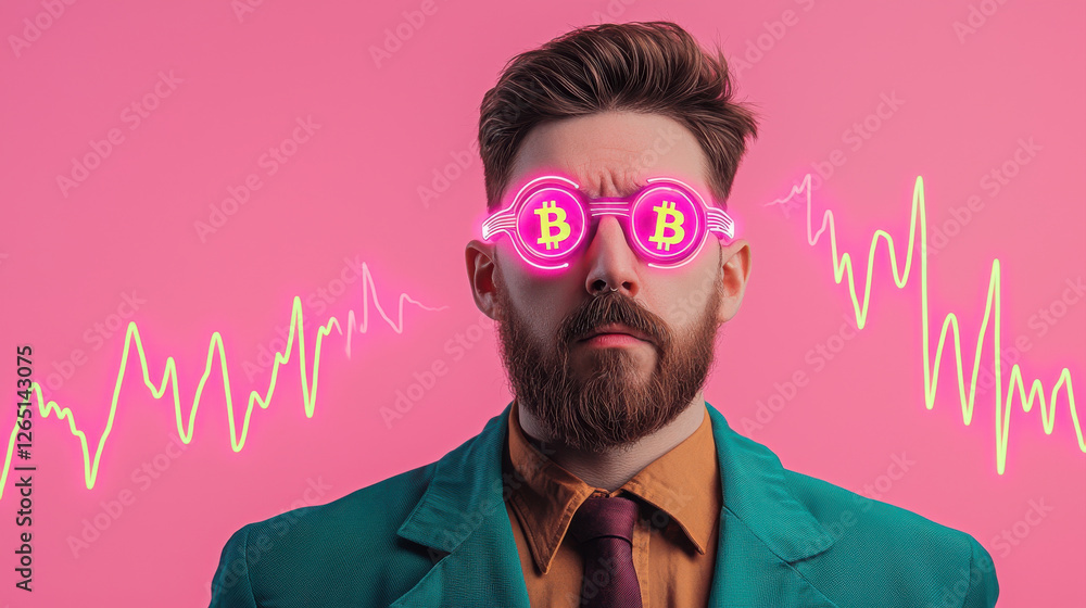Poster cyberpunk and futuristic bitcoin heartbeat concept, cyberpunk trader with neon bitcoin symbols and v