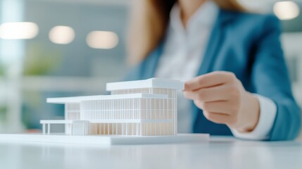 Professional architect assembling a detailed architectural model in a modern office setting