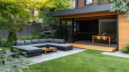 Modern backyard patio with seating area and outdoor kitchen