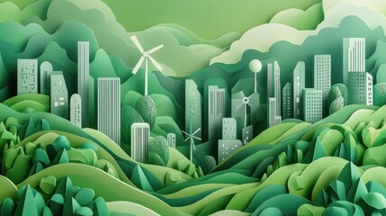 Green cityscape with renewable energy and lush hills in paper-cut style