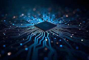 3D Render: Dark Theme Visualization of Circuit Board CPU Processor Starting Digitalization Process and Information Computing, Processing Bits of Data. Computer Graphics, Special Effects, Image.
