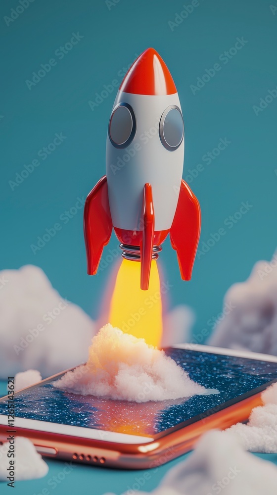 Poster a striking visual of a retro rocket taking off from the surface of a smartphone, leaving a trail of 