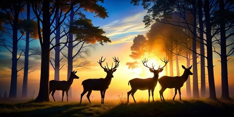 Silhouette of a Group of Deer in a Forest at Sunset