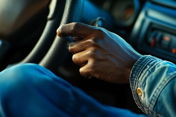 African american man driving his car shifting gears