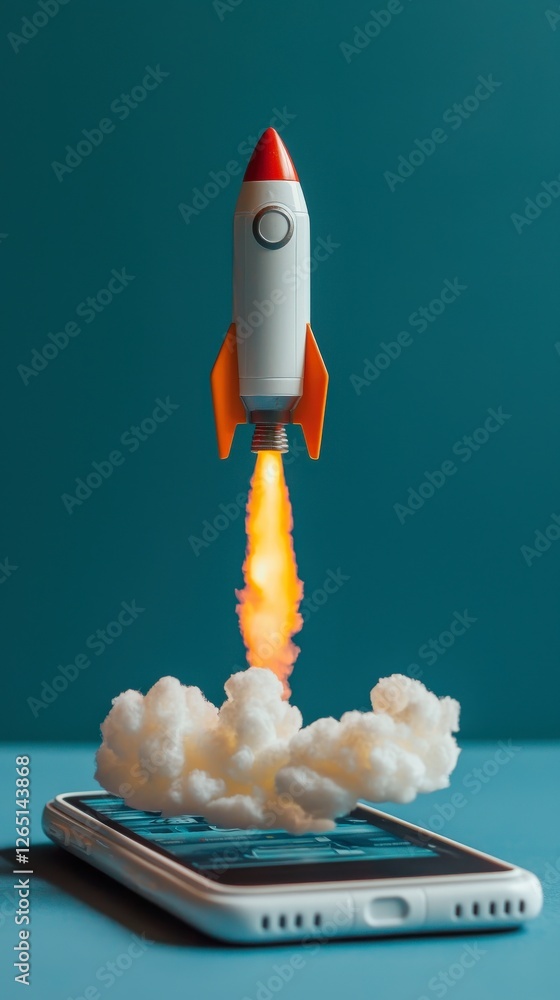 Aufkleber this image creatively depicts a rocket blasting off from a smartphone, symbolizing innovation and te