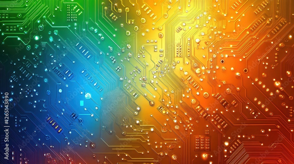 Poster circuit board background with futuristic server processing and bokeh effects in orange, green, and b