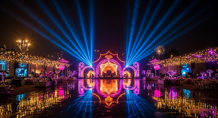 Obraz premium Vibrant Night Lights: A Spectacular Display of Colorful Illuminations, Magical Atmosphere, and Dynamic Lighting for Unforgettable Event Experiences