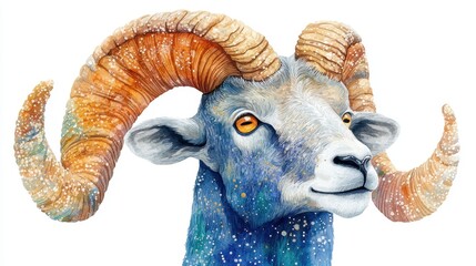 Obraz premium Colorful ram with majestic curved horns in watercolor style. National Ram Day