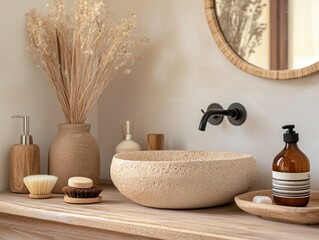 Bathroom interior featuring a textured sink and natural decor items
