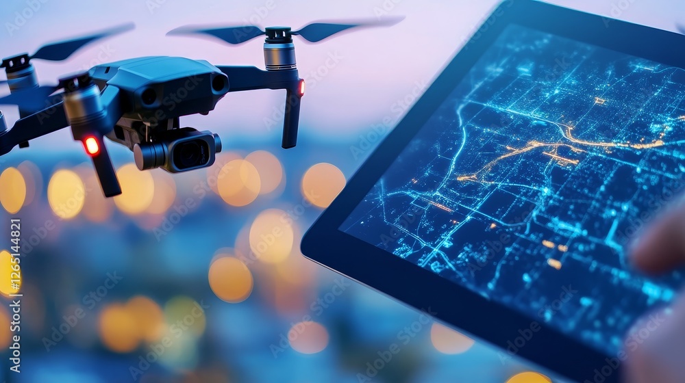 Poster drone flying over a cityscape at dusk, controlled via a tablet displaying a map interface