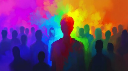 A vibrant silhouette of a person stands out in a crowd of colorful shadows, surrounded by a dreamy blend of vivid hues and abstract forms.