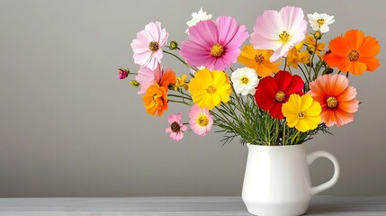 Vibrant Cosmos Bouquet in a White Jug - Still Life Photography AI Generated