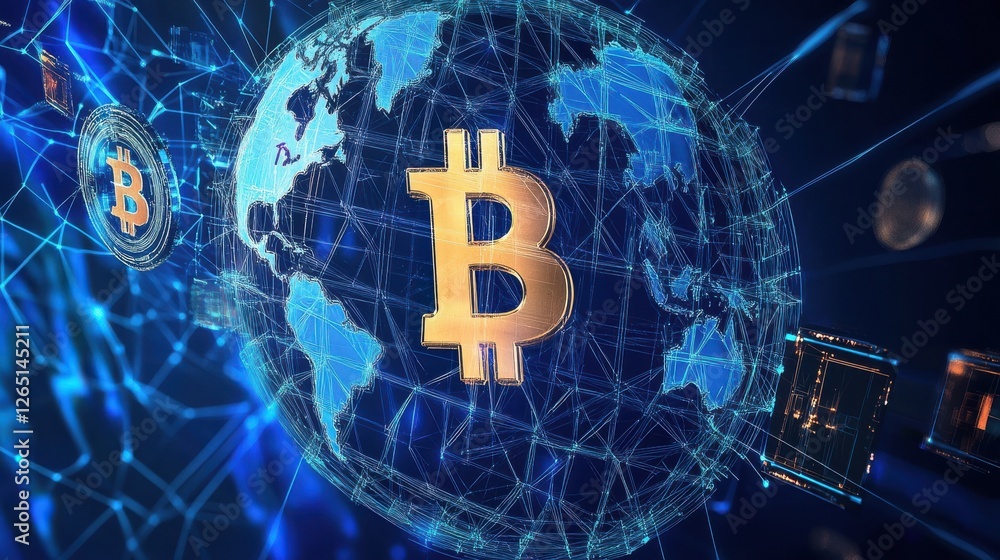 Poster blockchain technology futuristic hud background with world globe and blockchain polygon peer to peer
