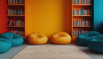 Cozy Reading Nook with Colorful Bean Bags and Bookshelves