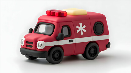 Fototapeta premium Cartoon ambulance toy, studio shot, white background, children's play
