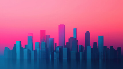 Obraz premium A vibrant skyline at dusk, featuring tall buildings silhouetted against a colorful gradient sky of pink and blue hues.