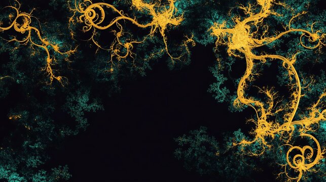 Elegant fractal design with vibrant yellow and teal colors creating intricate patterns on a dark background, perfect for digital art, wallpapers.