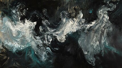 An abstract painting featuring swirling patterns of black, white, and teal, evoking a sense of movement and depth in art.