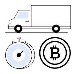 Delivery truck, stopwatch, and cryptocurrency coin highlight fast, secure shipping and digital payments. Ideal for e-commerce, logistics, fintech, blockchain, cryptocurrency speed abstract line