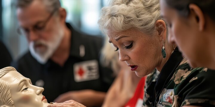 Cpr training session with focused instructors and medical mannequin for first aid education. National PrepareAthon Day - Powered by Adobe