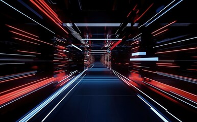 Fototapeta premium Dynamic Neon Light Trails Flying Through a Futuristic Tunnel with an Energetic Feel