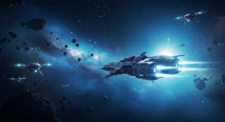 Fototapeta premium Futuristic Spaceship on the Moon’s Surface Under a Galactic Sky with Distant Earth, Sci-Fi Space Exploration VFX Wallpaper