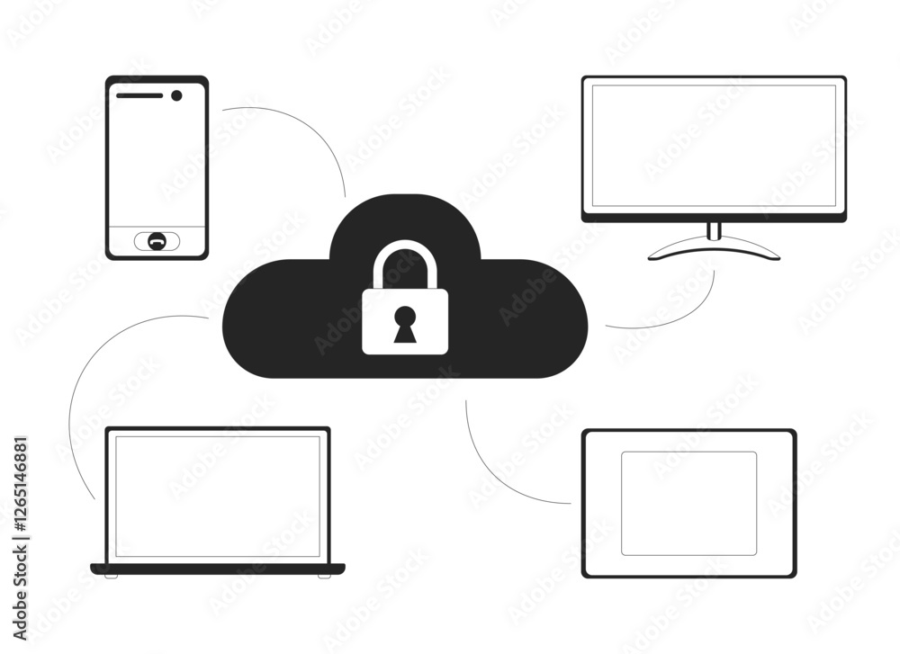 Poster connecting iot devices to cloud black and white 2d line object. database technology. data storage. c