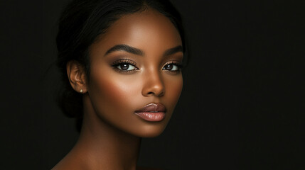 Fototapeta premium Close-up portrait of a confident young woman with radiant skin and makeup, showcasing natural beauty and elegance in a dark, minimalistic setting with soft lighting.