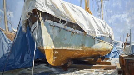 Rusty sailboat under tarps at marina dock