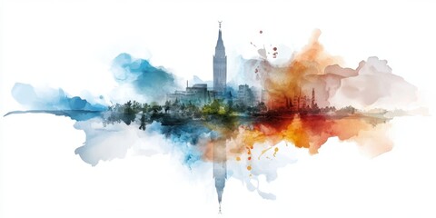 Obraz premium Abstract watercolor cityscape with vibrant colorful skyline reflection. Yom HaZikaron