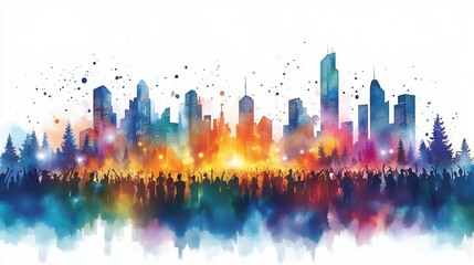 Obraz premium Vibrant cityscape with silhouetted crowd and colorful lights for event promotion. Ultra Music Festival