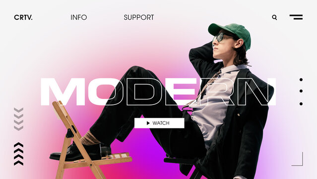 Modern web banner. Relaxed man in black suit, green cap, sunglasses, reclining on wooden chair against pink gradient, overlaid with bold typography and interactive UI buttons. Business style concept