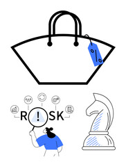 Obraz premium Large shopping bag with discount tag, person analyzing risk with icons, and chess knight. Ideal for business planning, retail, discounts, risk evaluation, financial strategy, problem-solving