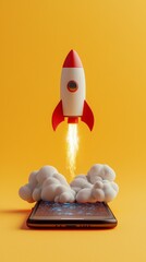 A vibrant rocket lifts off from the screen of a smartphone, set against a bright yellow backdrop, symbolizing the limitless possibilities of tech-driven creativity.