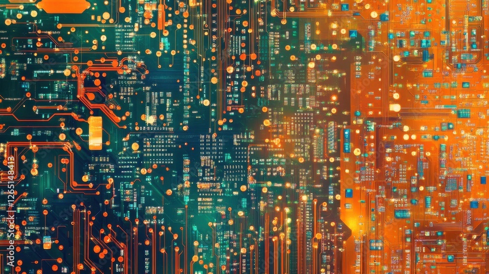 Aufkleber circuit board background with futuristic server processing and bokeh effects in orange, green, and b