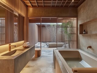 Elegant bathroom with a view of outdoor zen garden