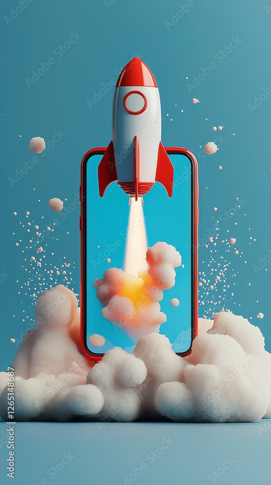Poster a striking image of a rocket blasting off from a smartphone, surrounded by fluffy clouds, symbolizin