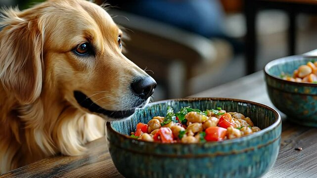 A golden retriever sits attentively beside beautifully presented masa dishes adorned with vibrant vegetables. The warm, inviting cafe atmosphere enhances the delightful meal experience.
