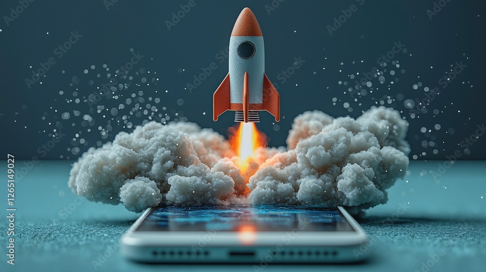 Poster an artistic depiction of a rocket taking off from a smartphone screen, enveloped in fluffy clouds, r