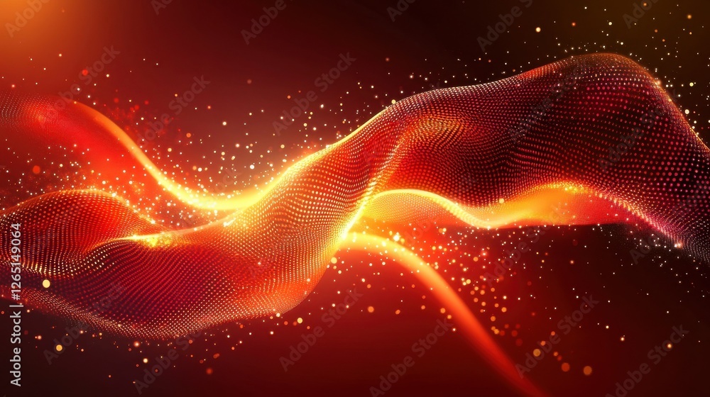 Poster abstract red background with glowing particles and geometric shapes.